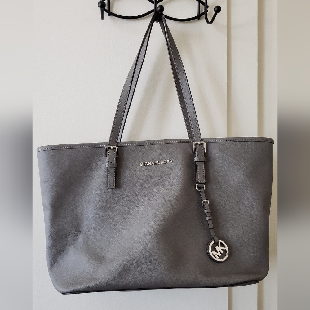 Michael Kors Silver Gray Tote Bag with Signature Charm